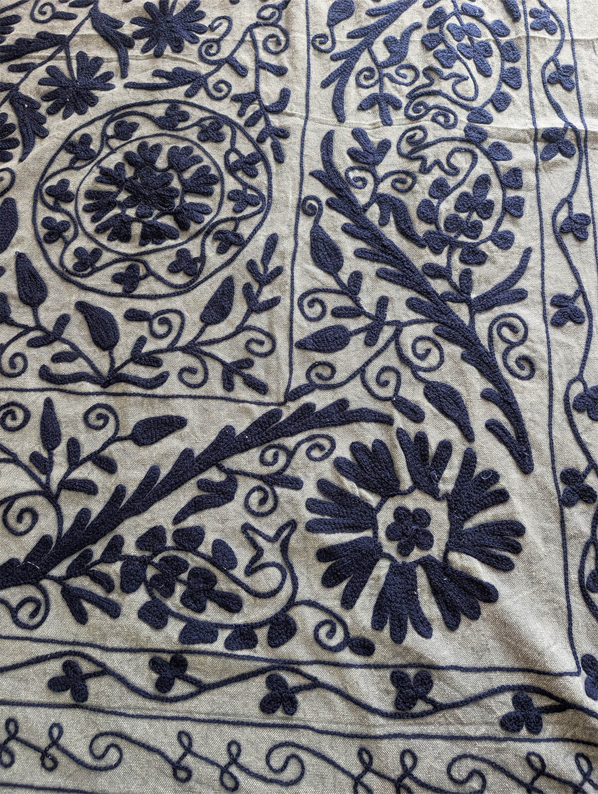 スザニ刺繍 生地 グレー × ネイビー