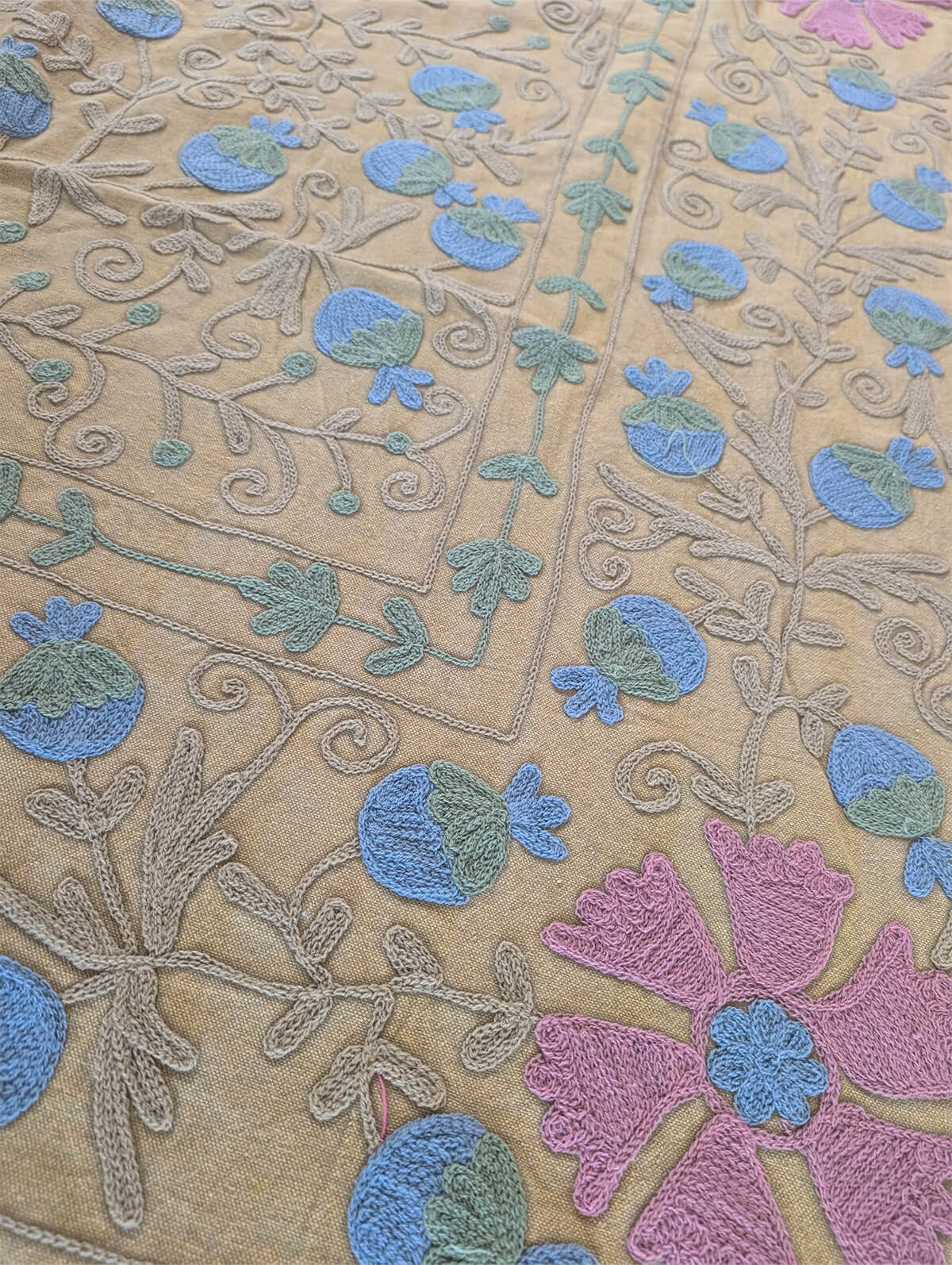 スザニ刺繍 生地 マスタード × 水色